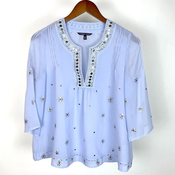 Victoria's Secret Light Blue Studded Boho Chic Sheer Ethereal Blouse Small - Picture 1 of 8